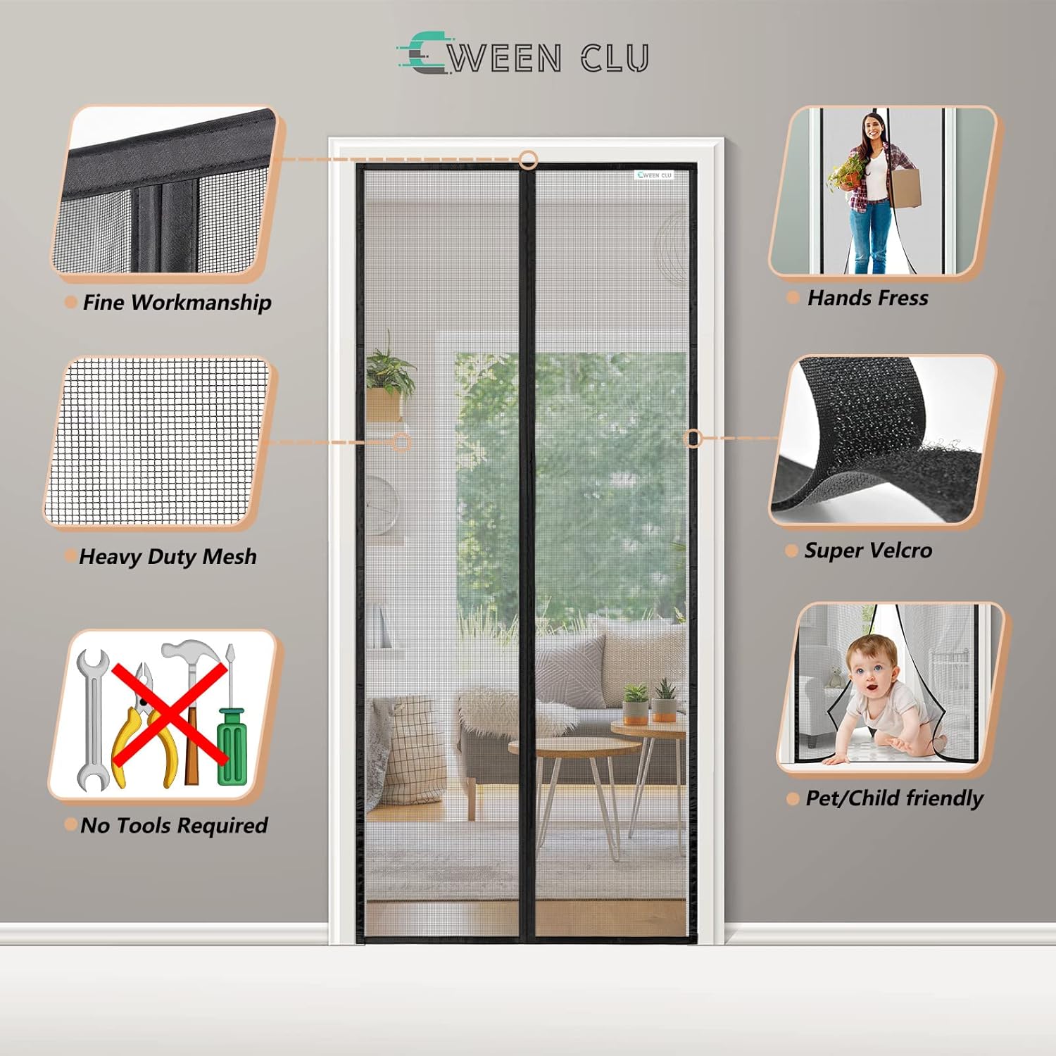 Thumbnail 2 de CWEEN CLU magnetische Fliegengitter-Tür für Balkontür, 85×205 cm, schwarz – bohrfrei