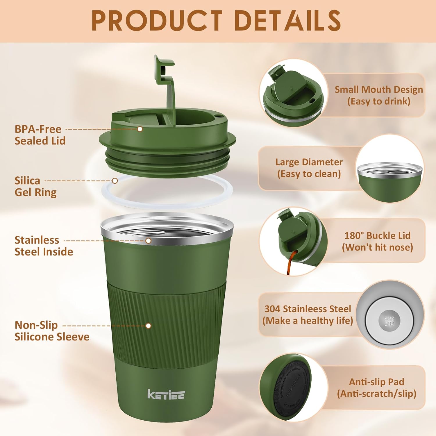 Detalle 2 de KETIEE Kaffeebecher to go – 380 ml, doppelwandiger Thermobecher mit auslaufsicherem Deckel in Olivgrün