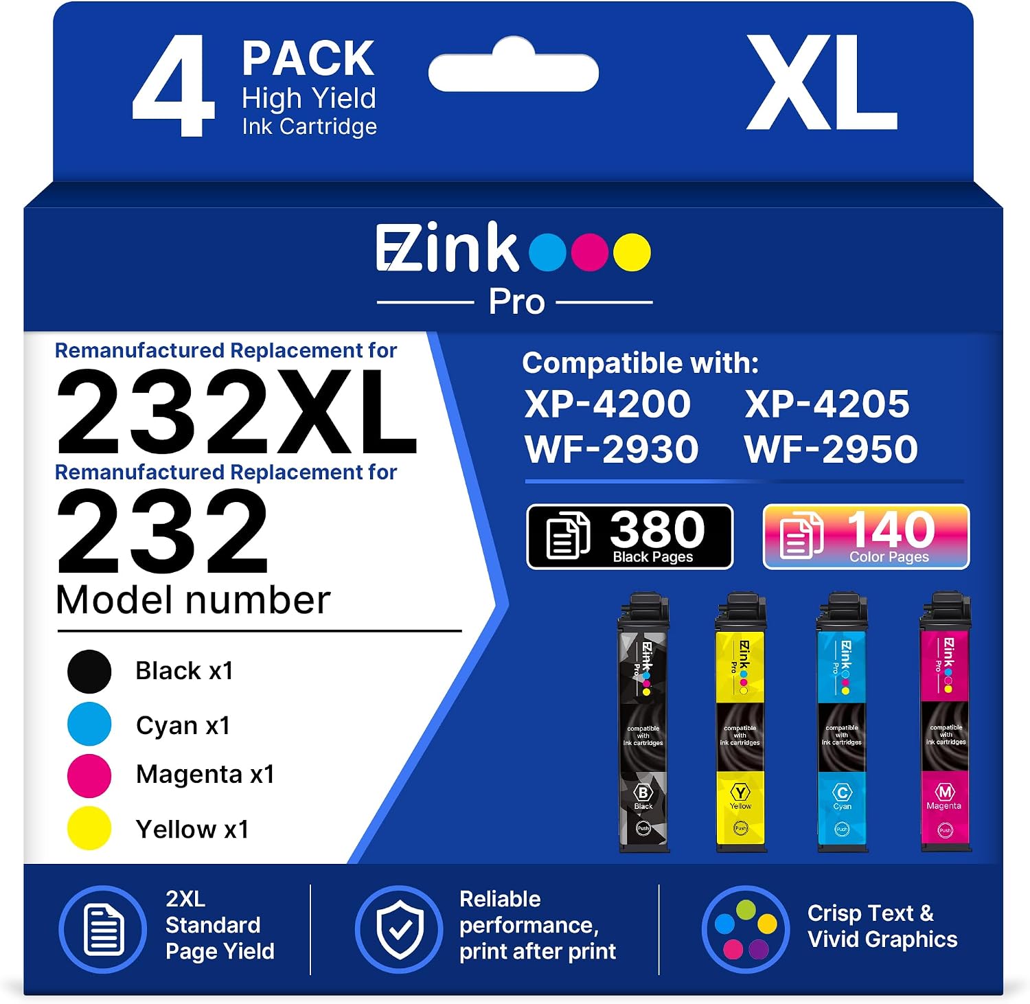 Detalle de E-Z Ink Pro 232XL Remanufactured Ink Cartridges, BCMY 4-Pack for Epson