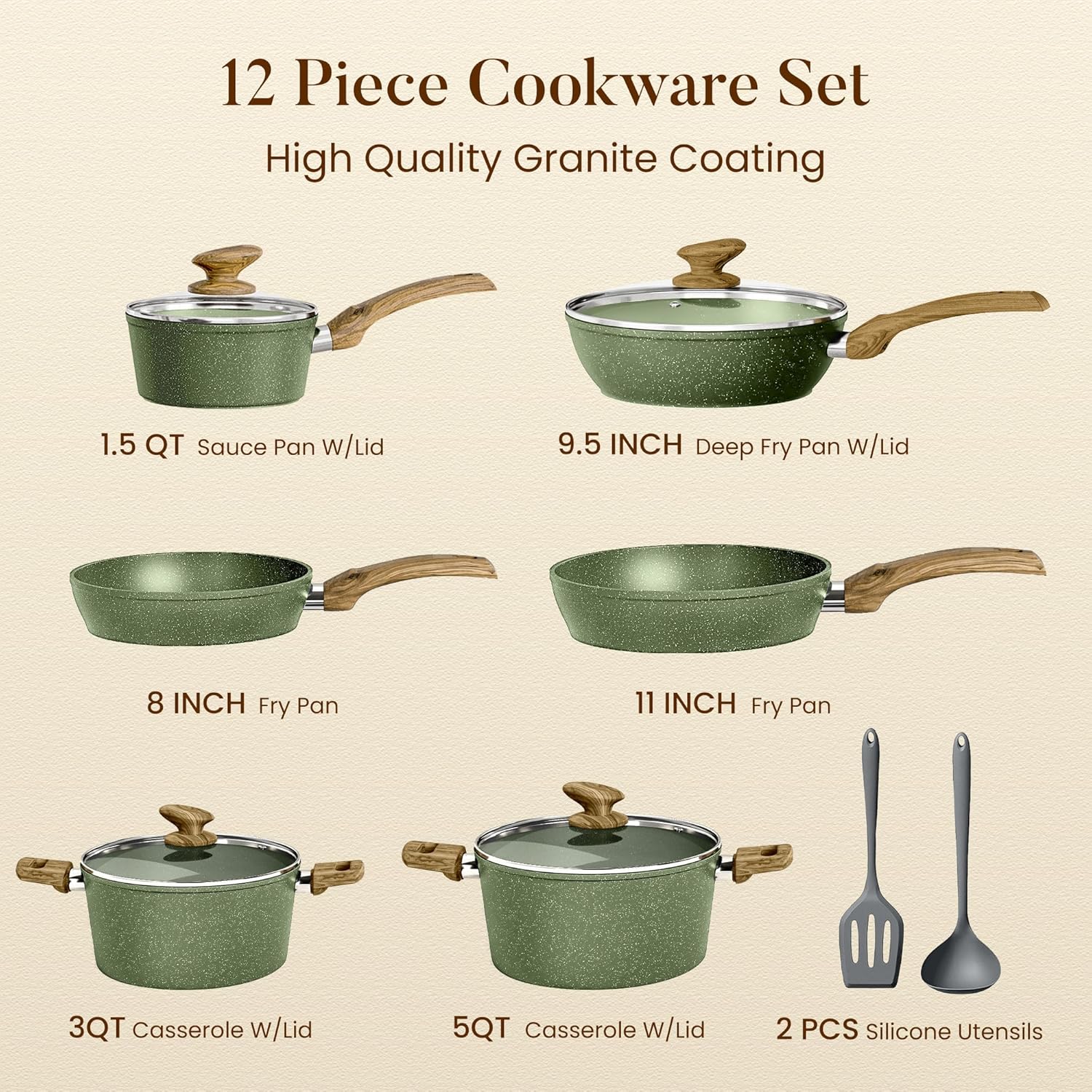 Thumbnail 6 de Kitchen Academy Non Toxic Nonstick Pots and Pans Set (12-Piece) — Green Granite Cookware, Induction Compatible