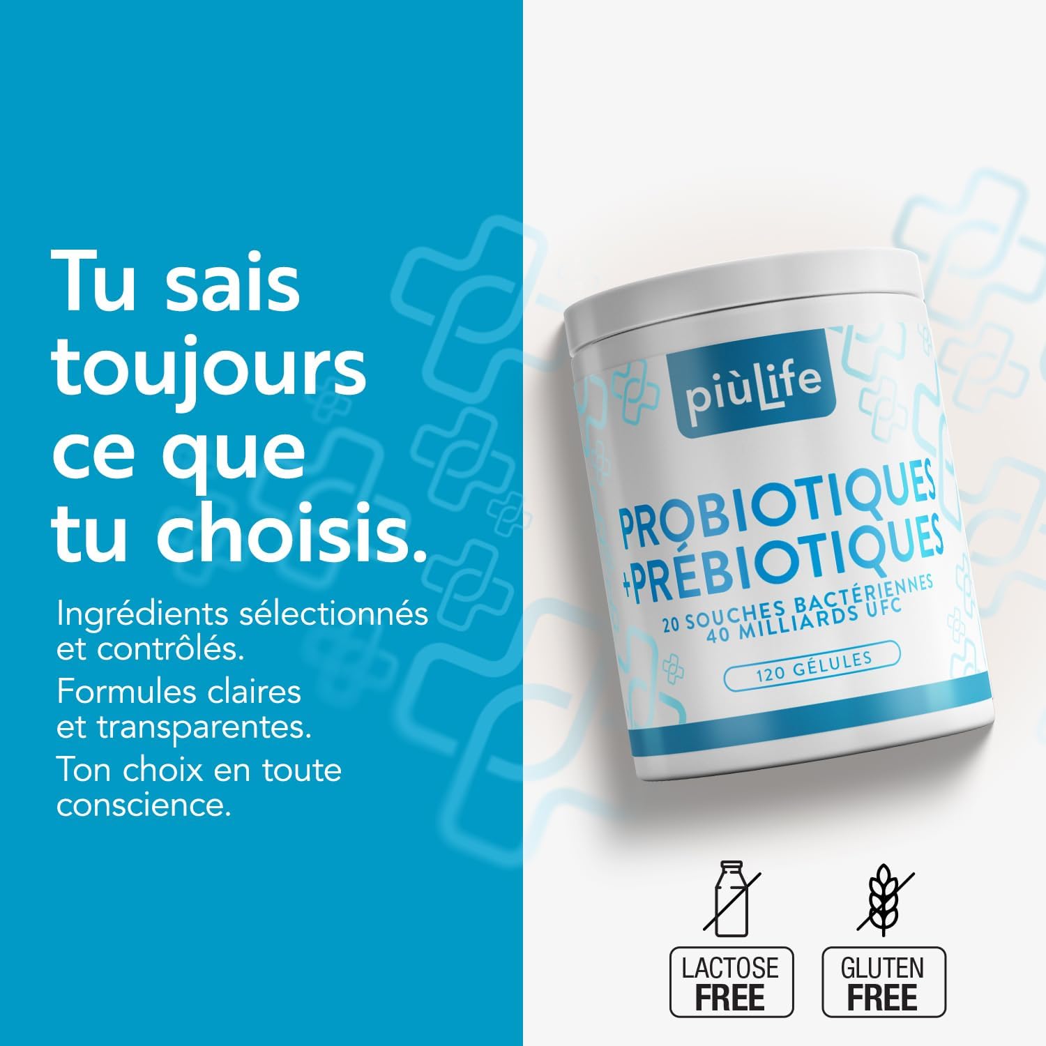 Detalle de Probiotique Flore Intestinale PiùLife : 120 gélules avec 40 milliards UFC et 20 souches