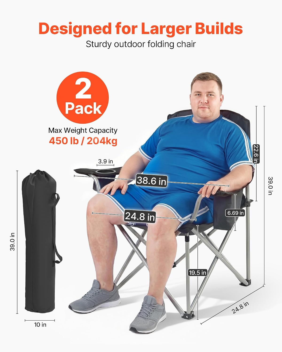 Detalle de VEVOR ZM2006XL-2pack Oversized Camping Chairs, 450 lb Capacity, Padded Backrest