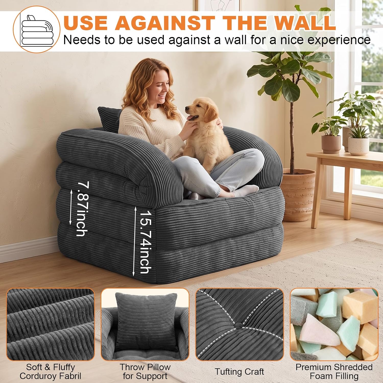 Detalle de CUBIOU Y8022-Dark Gray Convertible Sofa Bed, 3-in-1 Corduroy Floor Chair