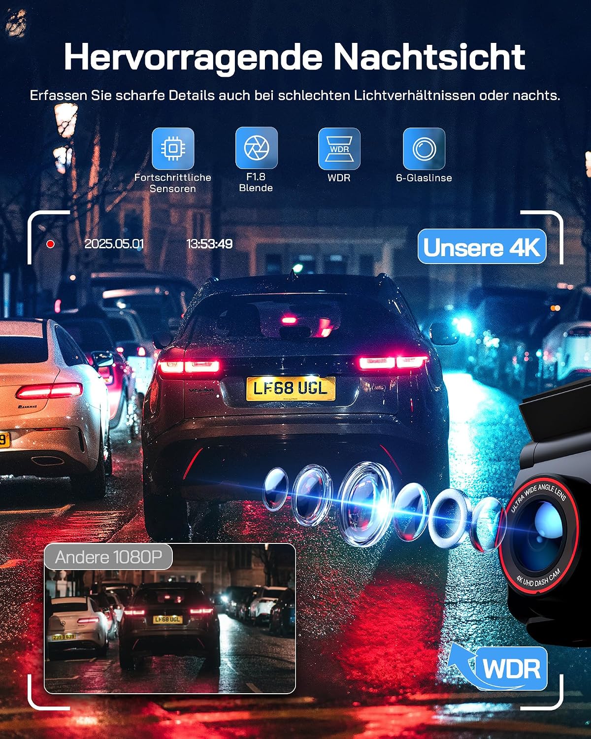 Detalle de WOLFANG 4K Dashcam Auto Vorne & Hinten – Dual‑Cam mit WLAN, 3" IPS Bildschirm, 170° Weitwinkel