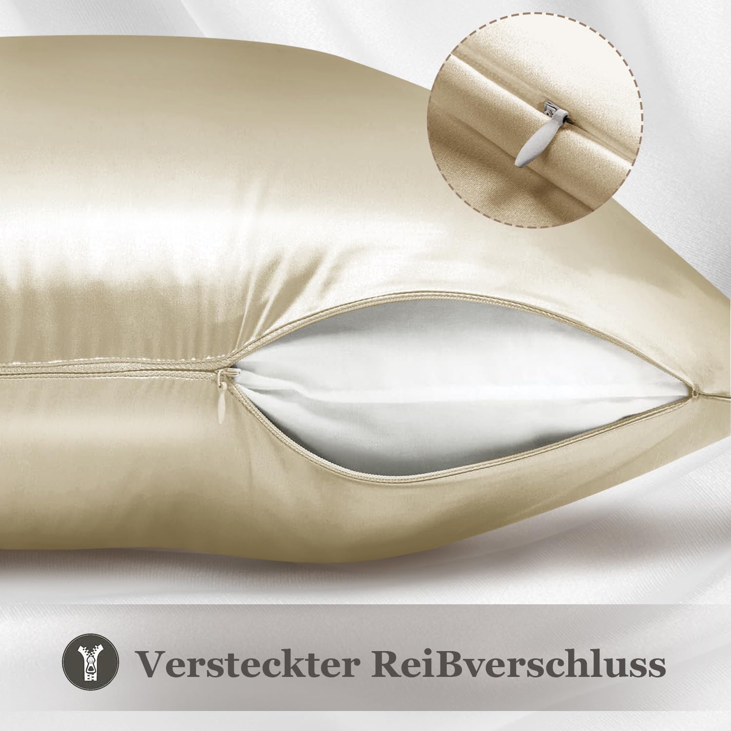 Detalle 2 de Adubor 100% Seidenkissenbezug 80x80 cm (23 Momme, beidseitig, verdeckter Reißverschluss) – Taupe, 1 Stück