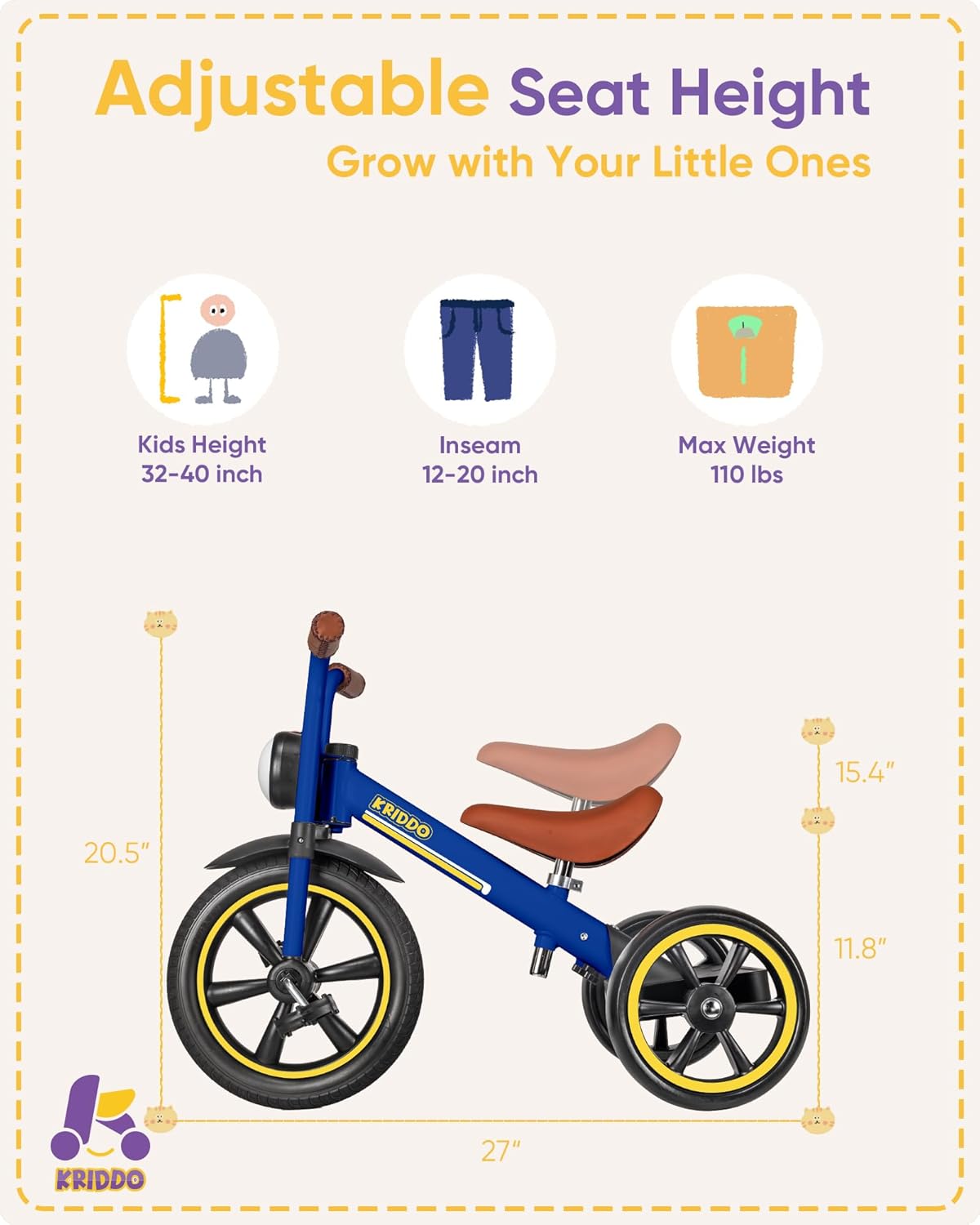 Thumbnail 4 de KRIDDO Kids 12 Inch Tricycle with Puncture-Free Wheels, Front Light & Adjustable Seat (Blue)