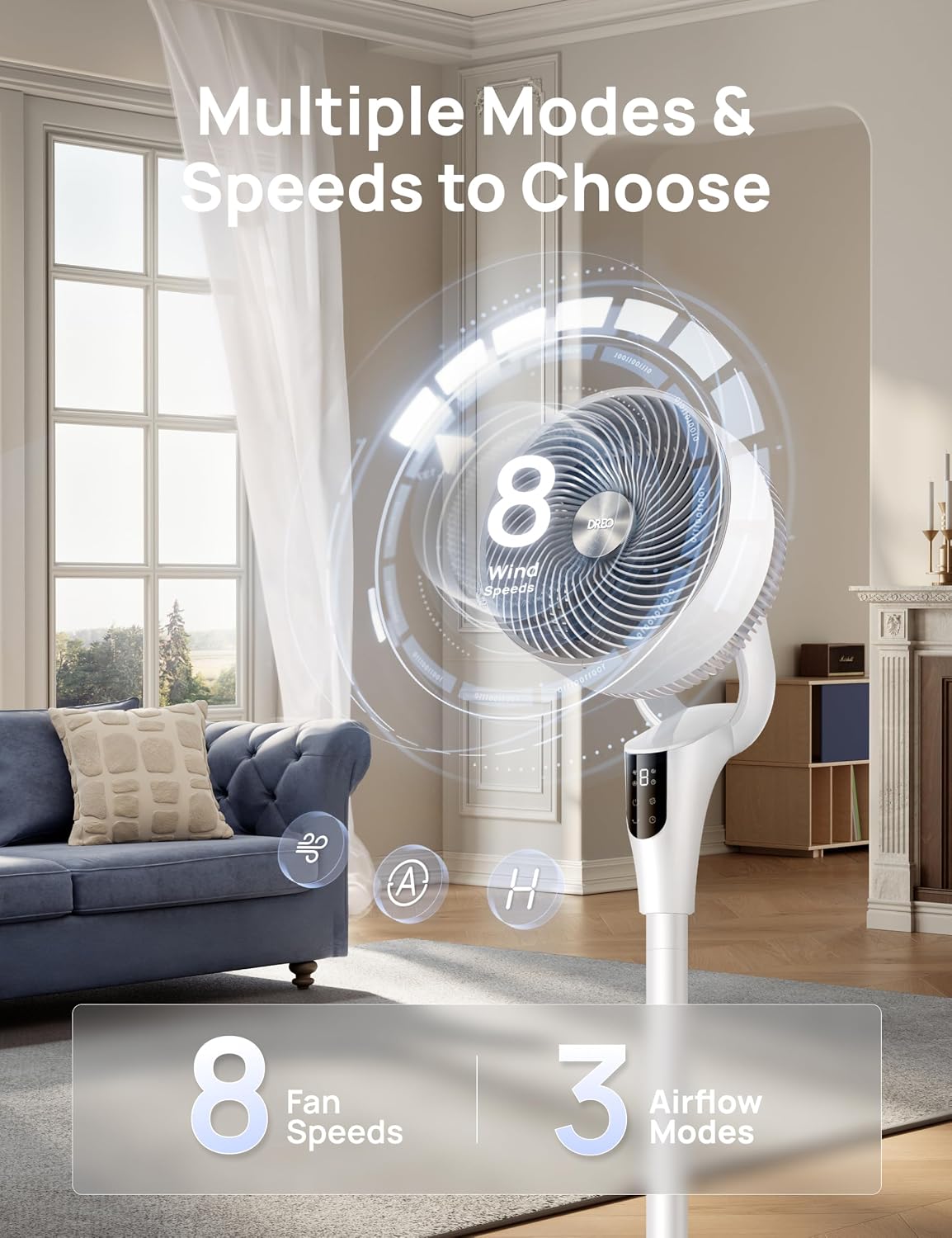 Detalle 2 de DREO 2026 Upgraded Fan for Bedroom (90° Oscillating Standing Fan) — 90 ft Airflow, DC Motor, Quiet 20dB