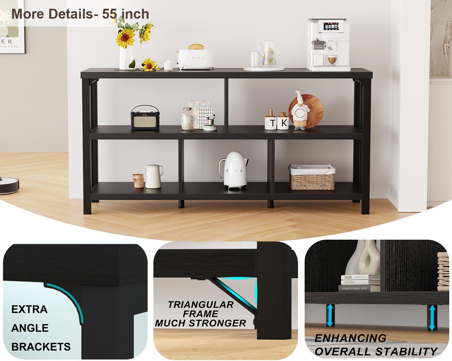 Thumbnail 5 de IBF Libreria industriale nera a 5 cubi, 139,7 cm, bassa e orizzontale in legno e metallo