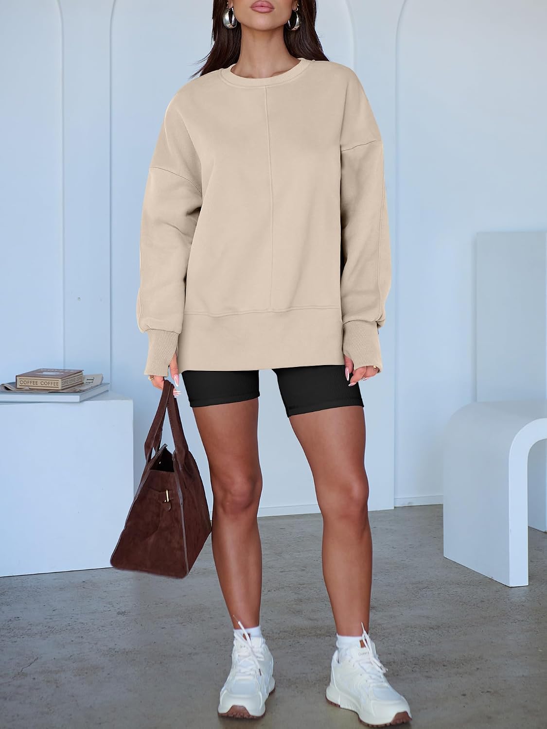 Detalle 1 de ANRABESS Oversized Fleece-Lined Sweatshirt with Thumbhole and Side Slits