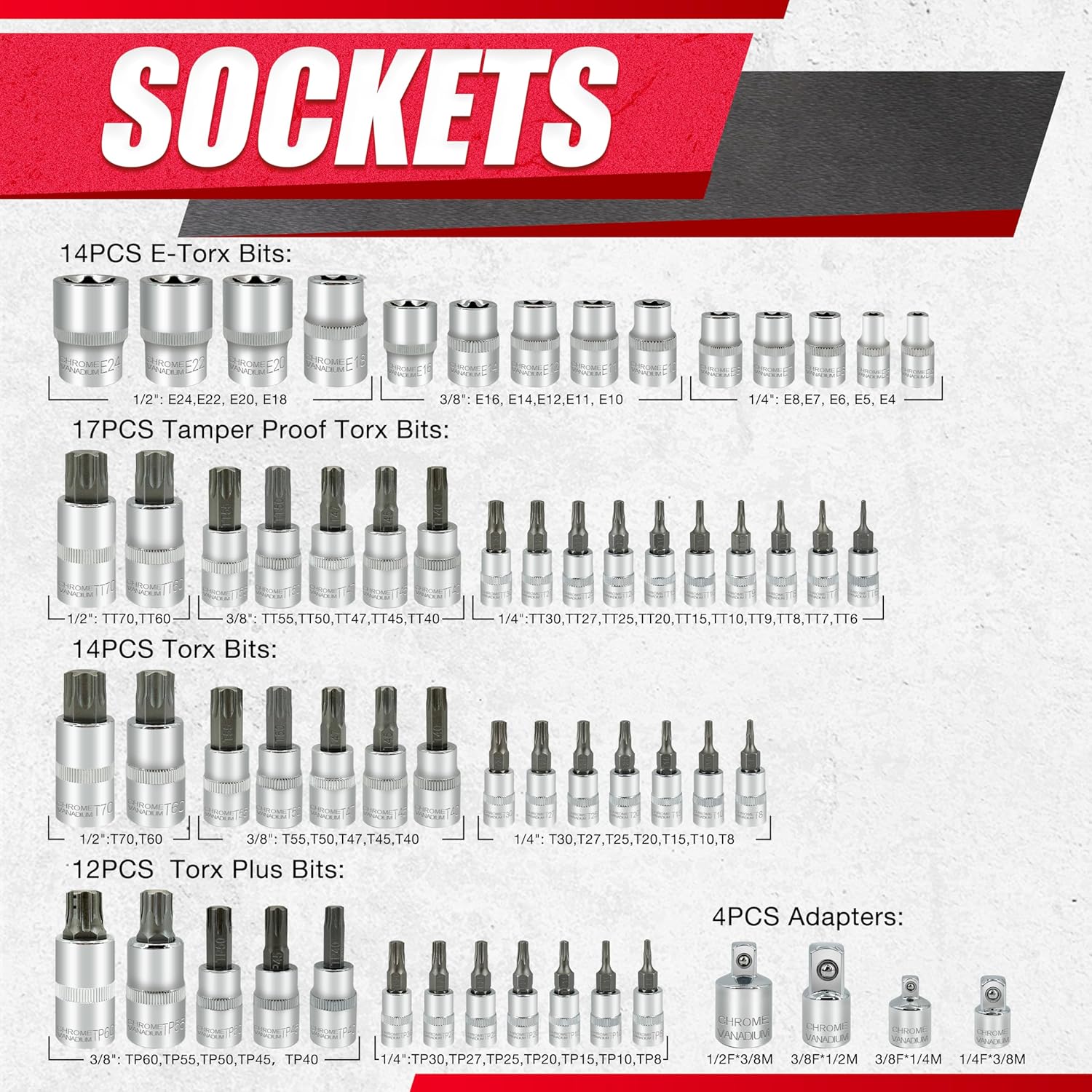 Thumbnail 1 de EACELIY 64-Piece Master Torx Bit Socket Set and External Torx Sockets (E4–E24, T6–T70, TT6–TT70, TP8–TP60)