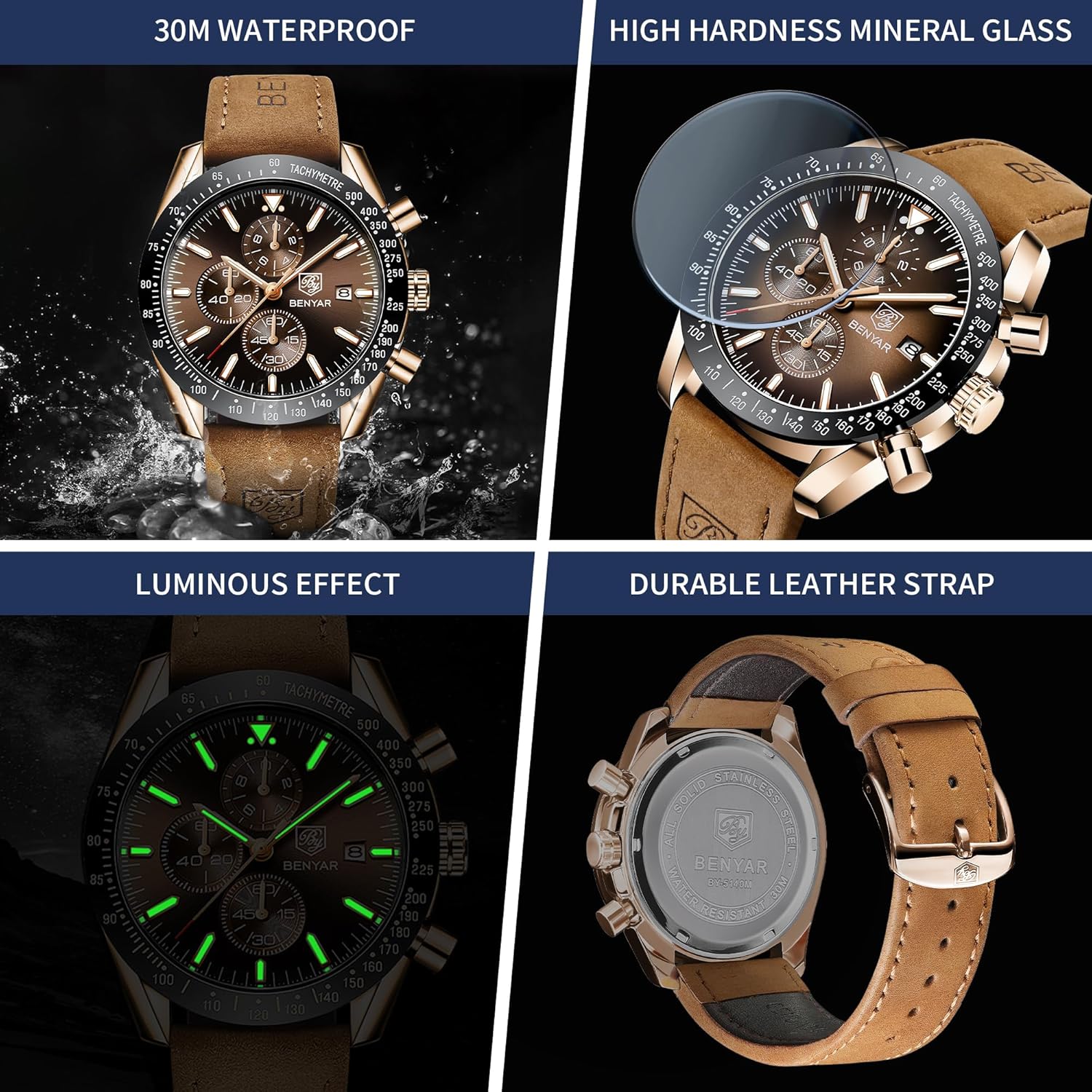 Detalle de BENYAR Orologio da Uomo Cronografo Analogico al Quarzo – design elegante, impermeabile e luminoso
