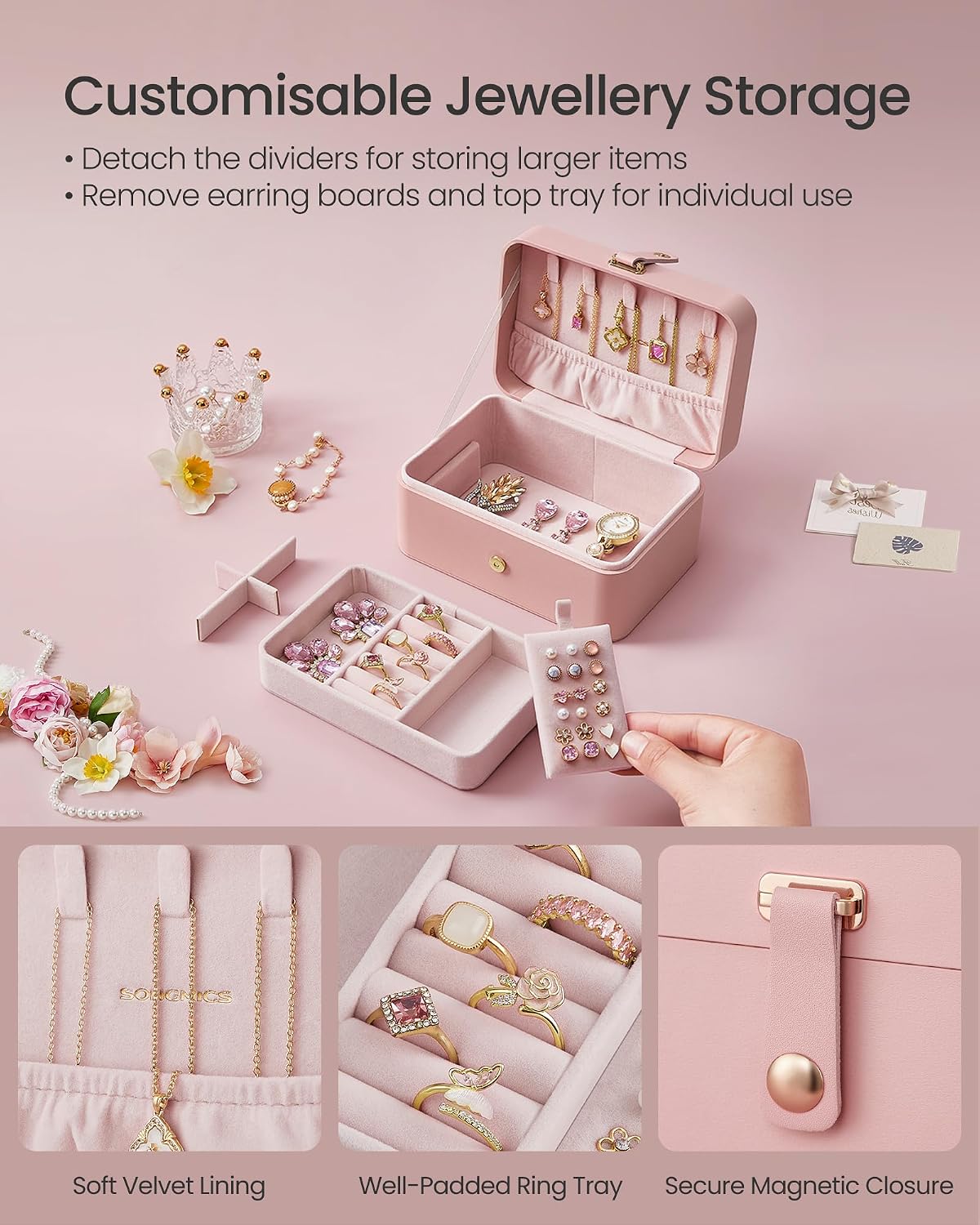 Detalle 1 de SONGMICS GISELLA JBC166R01 Jewellery Box, 2-Tier Travel Case, Jelly Pink