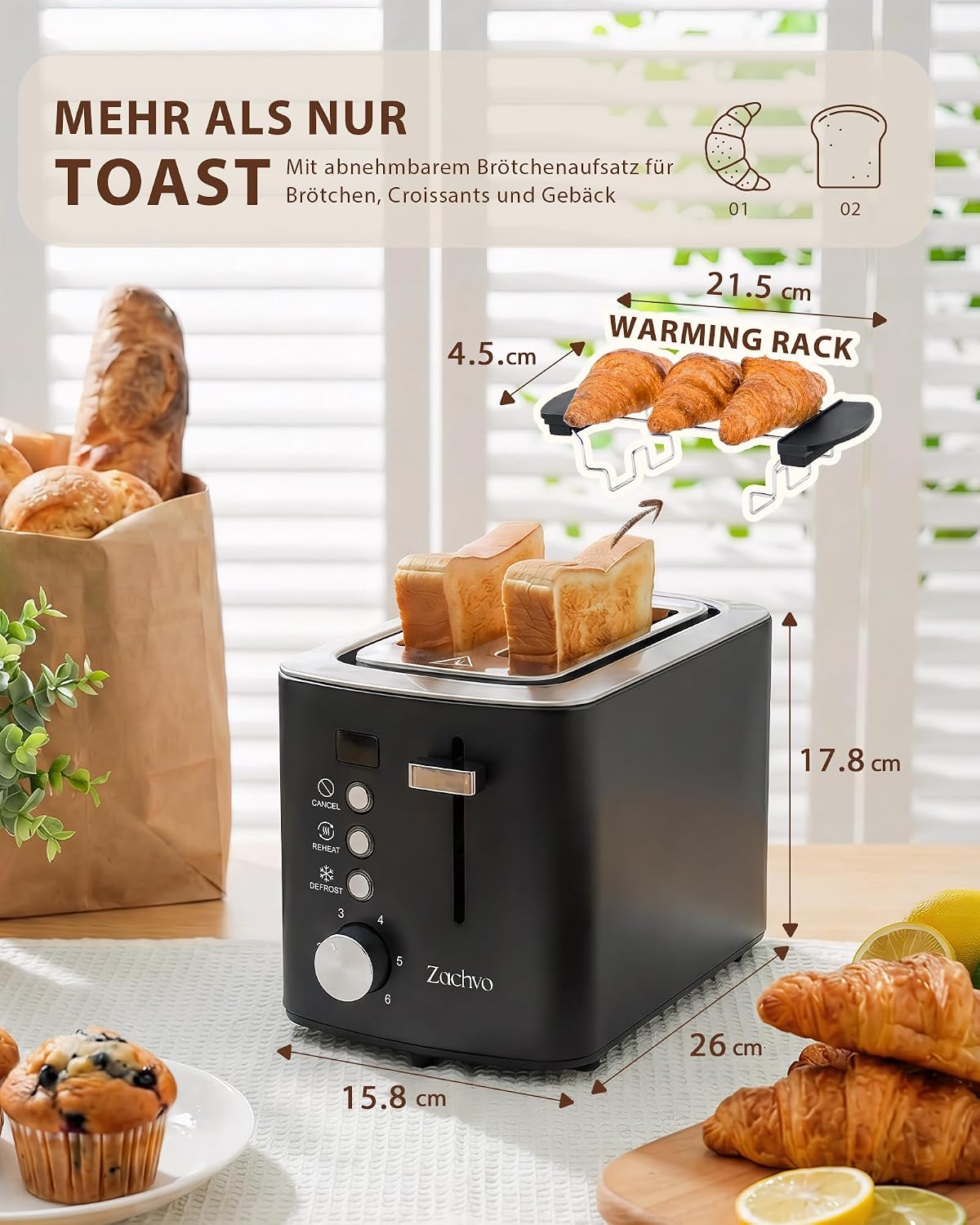 Thumbnail 5 de Edelstahl 2-Scheiben-Toaster mit LED-Countdown & Brötchenaufsatz – extra breite 3,5 cm Schlitze, 6 Bräunungsstufen (mattschwarz)