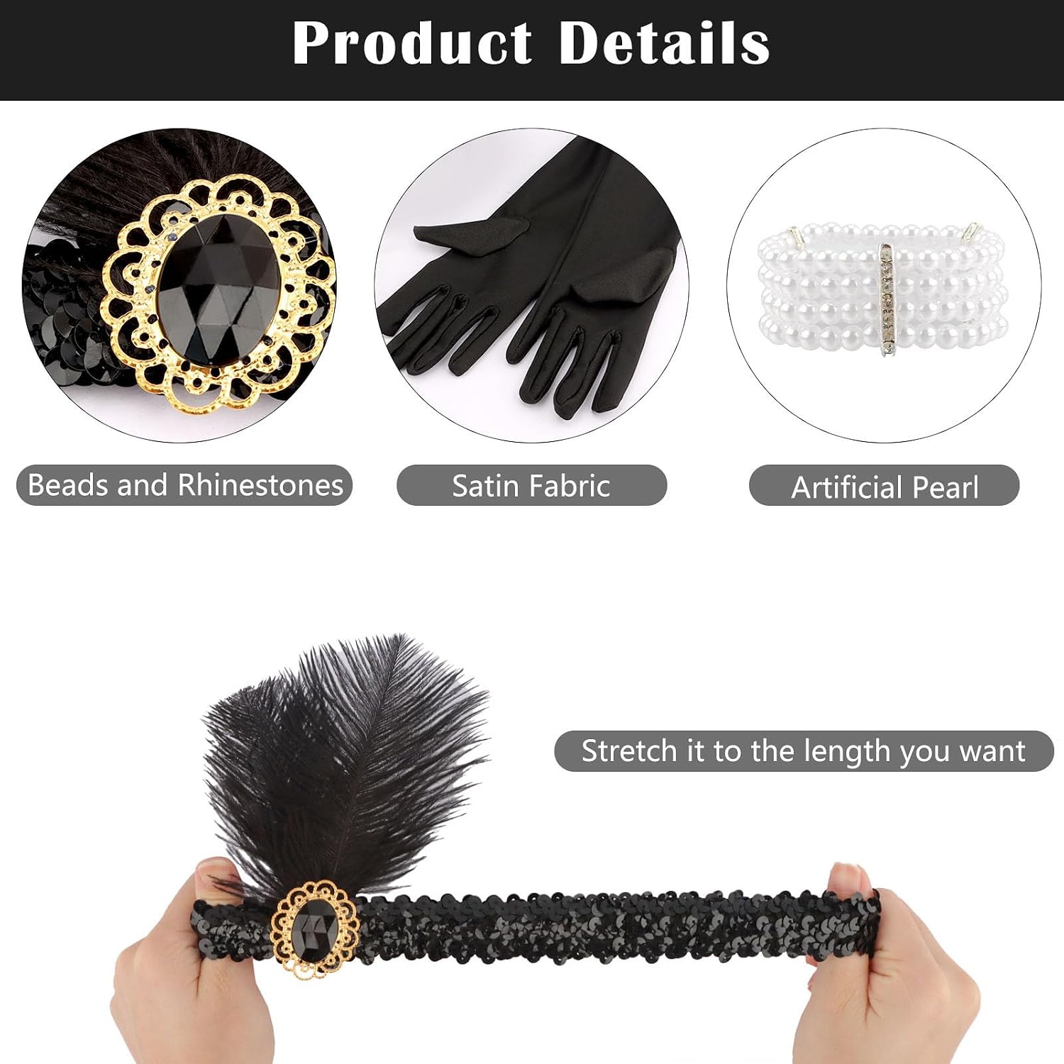 Thumbnail 2 de FASOTY Flapper Accessories Set with Satin Gloves