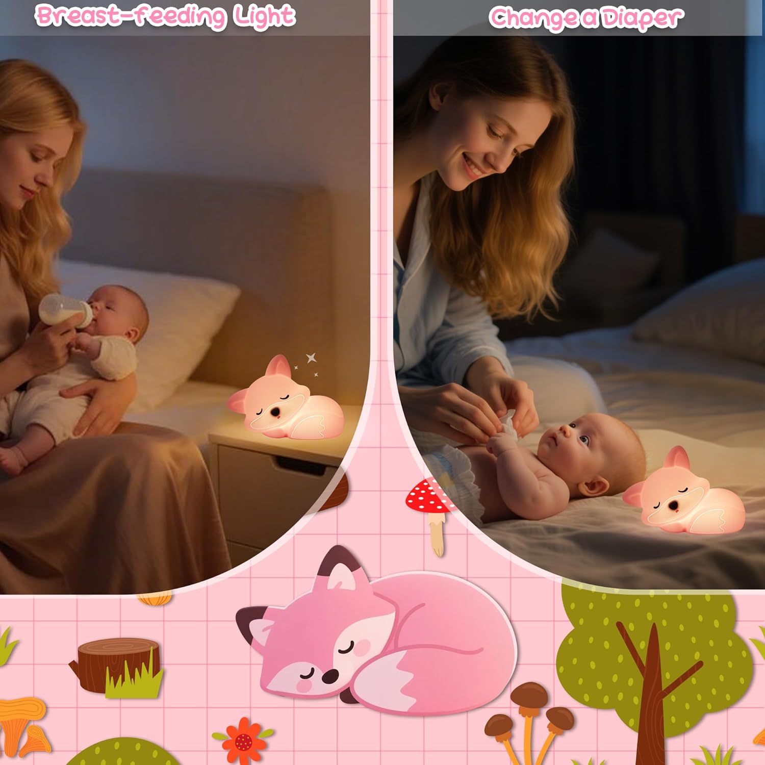 Detalle de Okayera Fox Lampe: Rosa Silikon-Fuchs-Nachtlicht mit Timer und Wiederaufladbar
