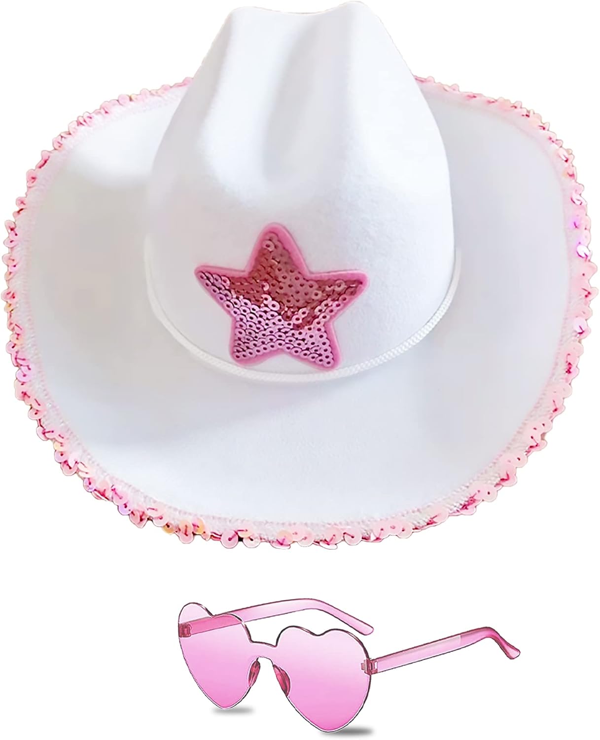 db11 Pink Cowboy Hat with Sequins and Heart Glasses (White & Pink) – A Fun Party Accessory