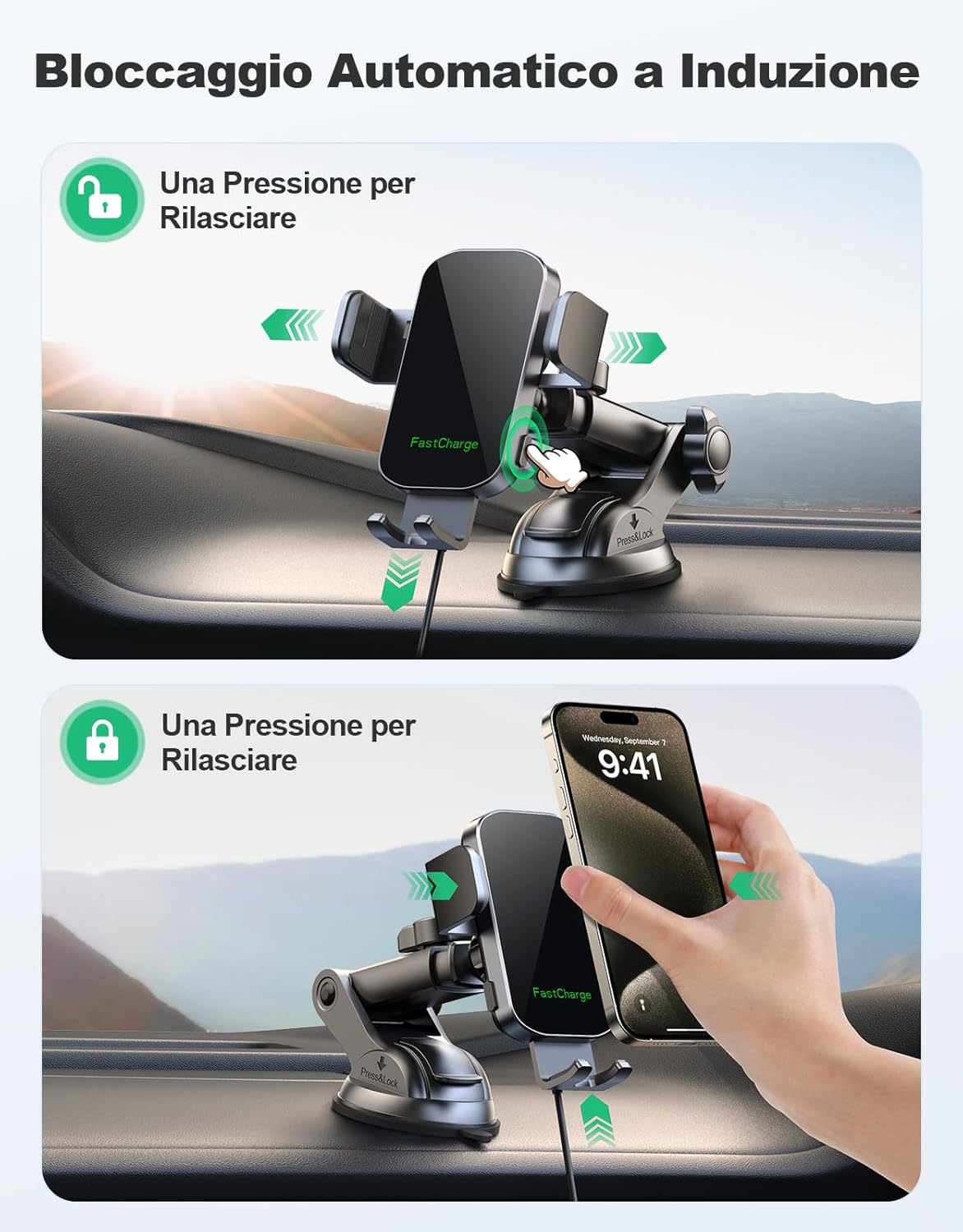 Thumbnail 1 de Glangeh 15W Caricatore Wireless Auto con Ventosa+Clip: ricarica rapida e fissaggio automatico per telefoni compatibili