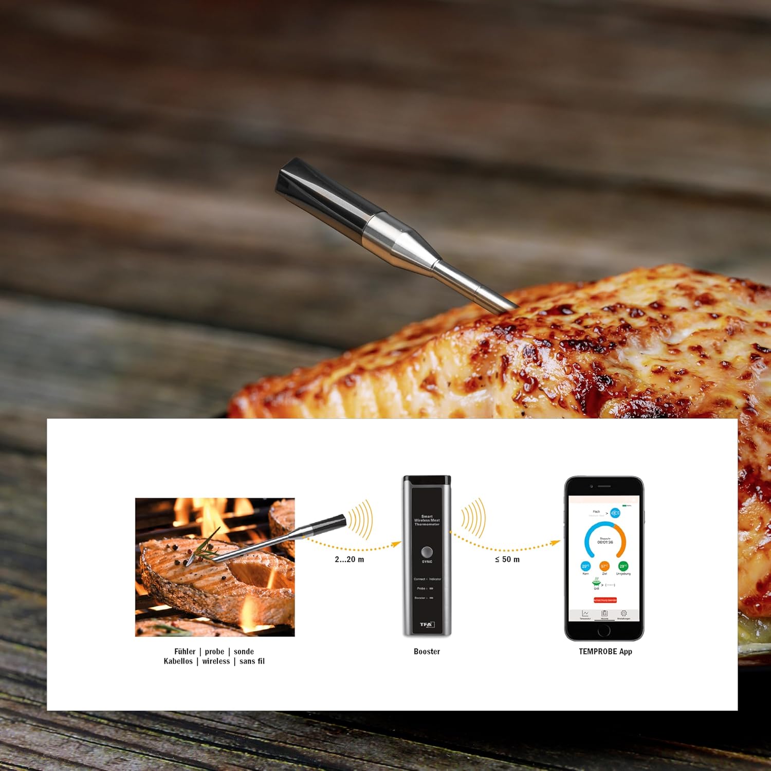 Detalle de TFA Dostmann 14.1515.10 draadloze vleesthermometer met app en 70 m bereik
