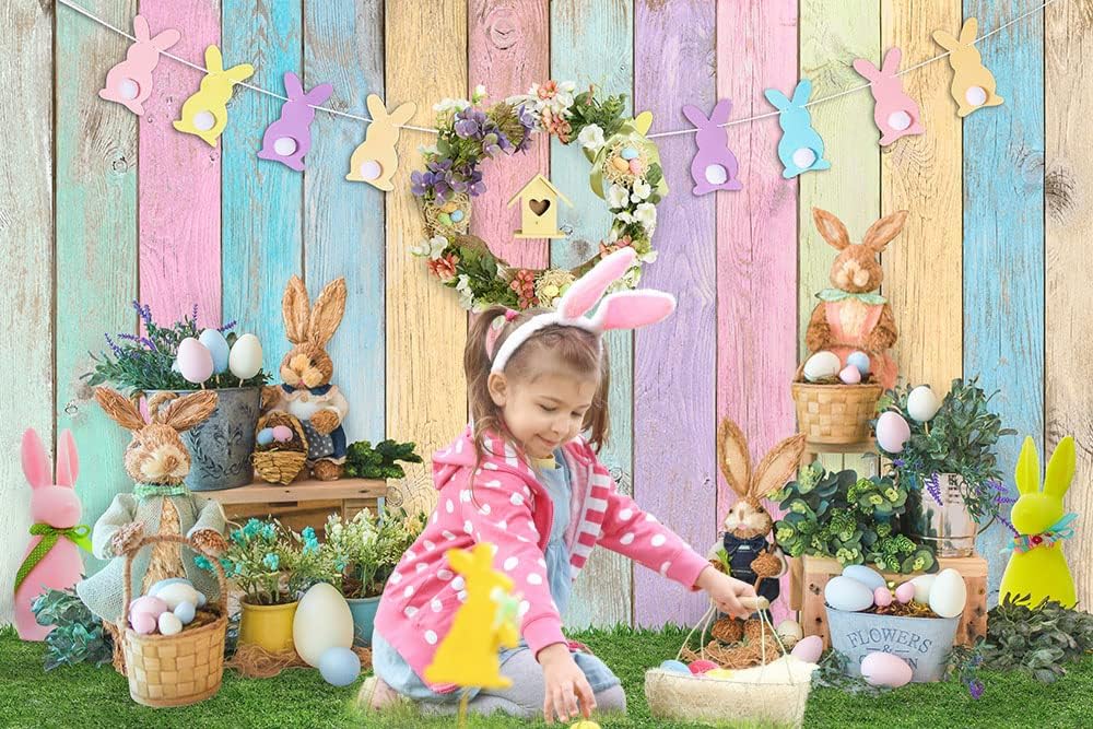 Thumbnail 2 de Avezano Spring Easter Backdrop 7x5ft – Wooden Wall Backdrop with Bunny, Colourful Eggs and Grass