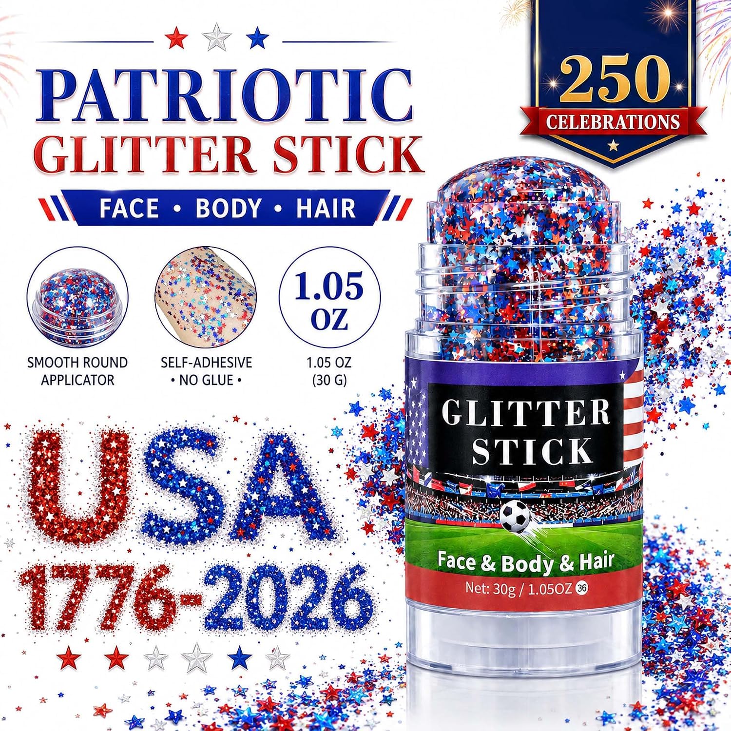 Detalle 2 de Go Ho LLG-446-60S-02-US Patriotic Star Glitter Stick, Red, White & Blue, 1.05 oz