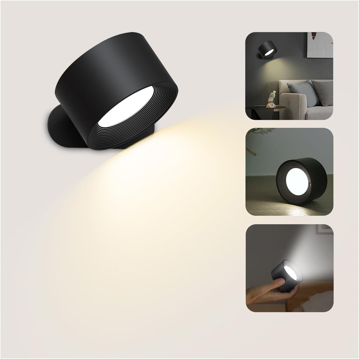 Detalle de Feallive LED Wandleuchte Innen mit Akku – kabellose Wandlampe mit Touch Control, 360° Drehung, 3 Helligkeitsstufen & 3 Farbmodi