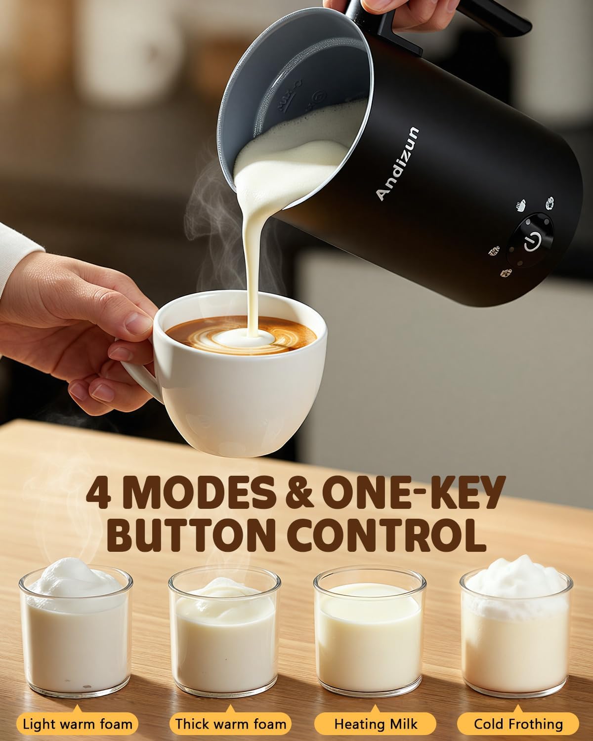 Detalle de Andizun 4-in-1 Electric Milk Frother: Quiet, Large Capacity, Easy-Clean Velvetiser