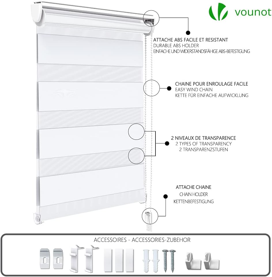 Thumbnail 6 de Vounot Lot de 2 Store Enrouleur Jour Nuit Double Tissu 50 x 150 cm – Installation sans ou avec perçage, Blanc
