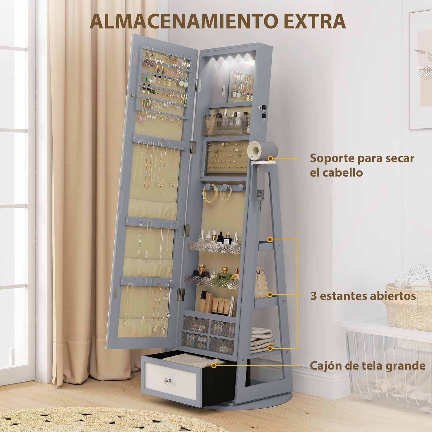 Detalle 2 de HOMCOM espejo joyero con luces LED y armario giratorio 360° (gris claro y beige)