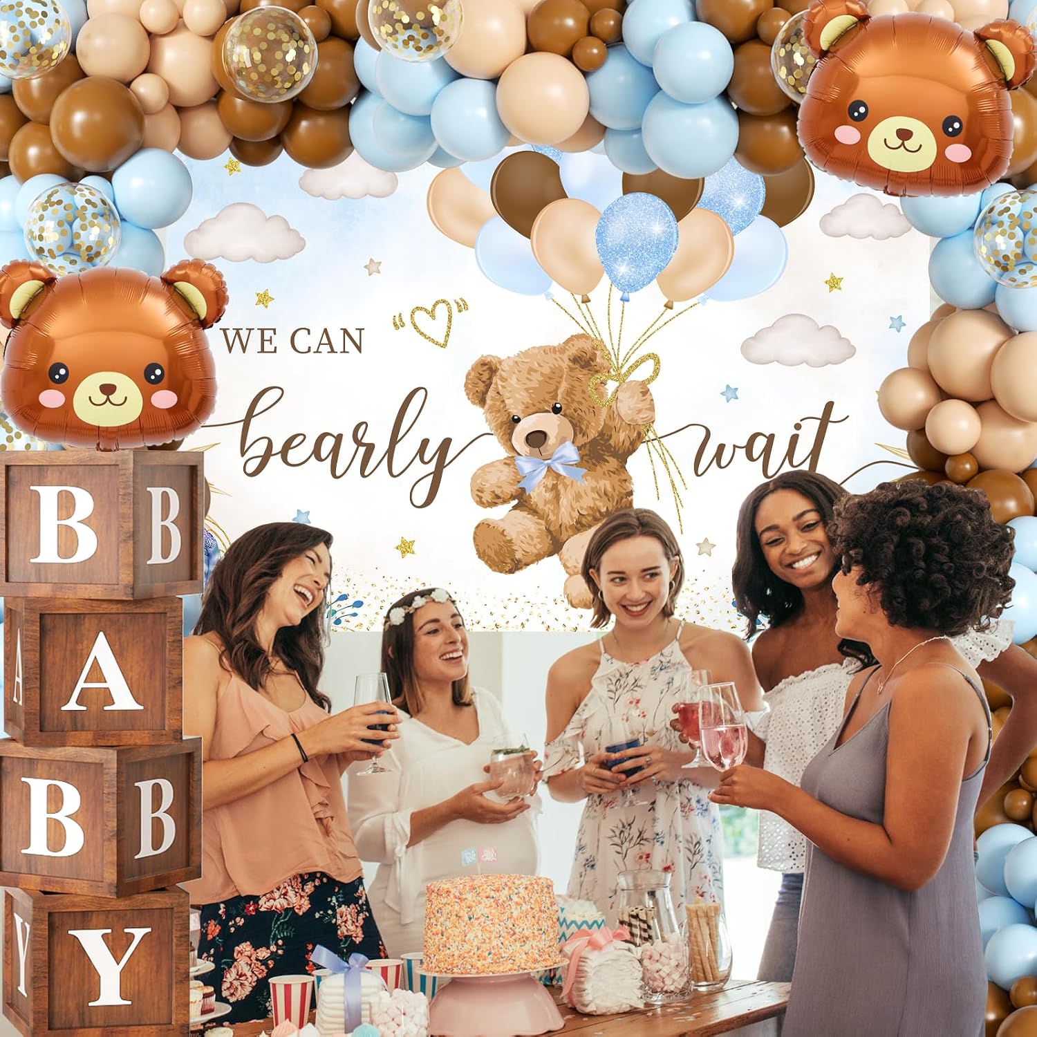 Thumbnail 5 de Blue Bear Baby Shower Decorations for Boy (124pcs) — “We Can Bearly Wait” Backdrop, Balloon Set & Wood Grain Baby Boxes