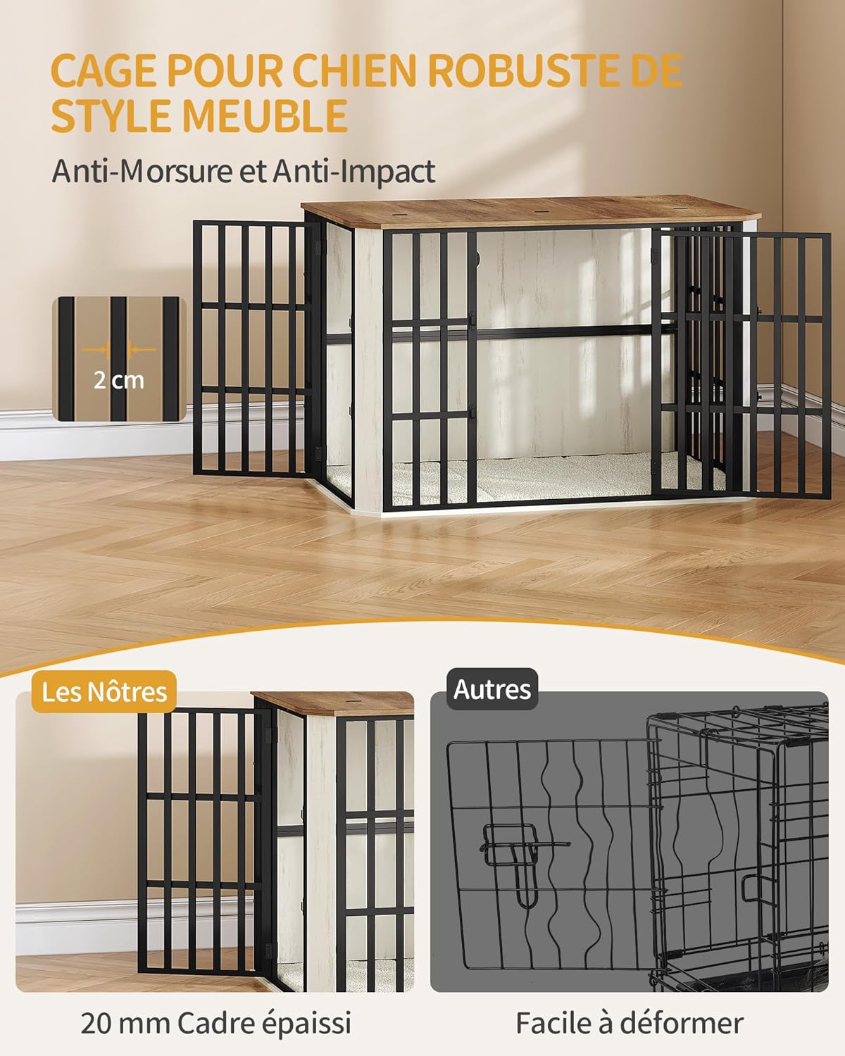 Detalle de Hzuaneri Cage pour Chien en Bois Heavy Cage avec Porte d’alimentation supérieure et design multi-portes – 120 x 75 x 81 cm