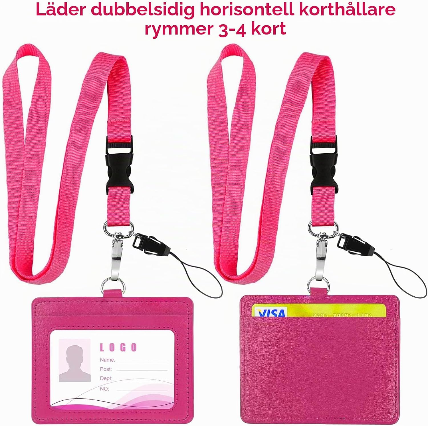 Detalle de Vicloon korthållare i rosenrött PU-läder med synligt ID-fönster och avtagbar snodd