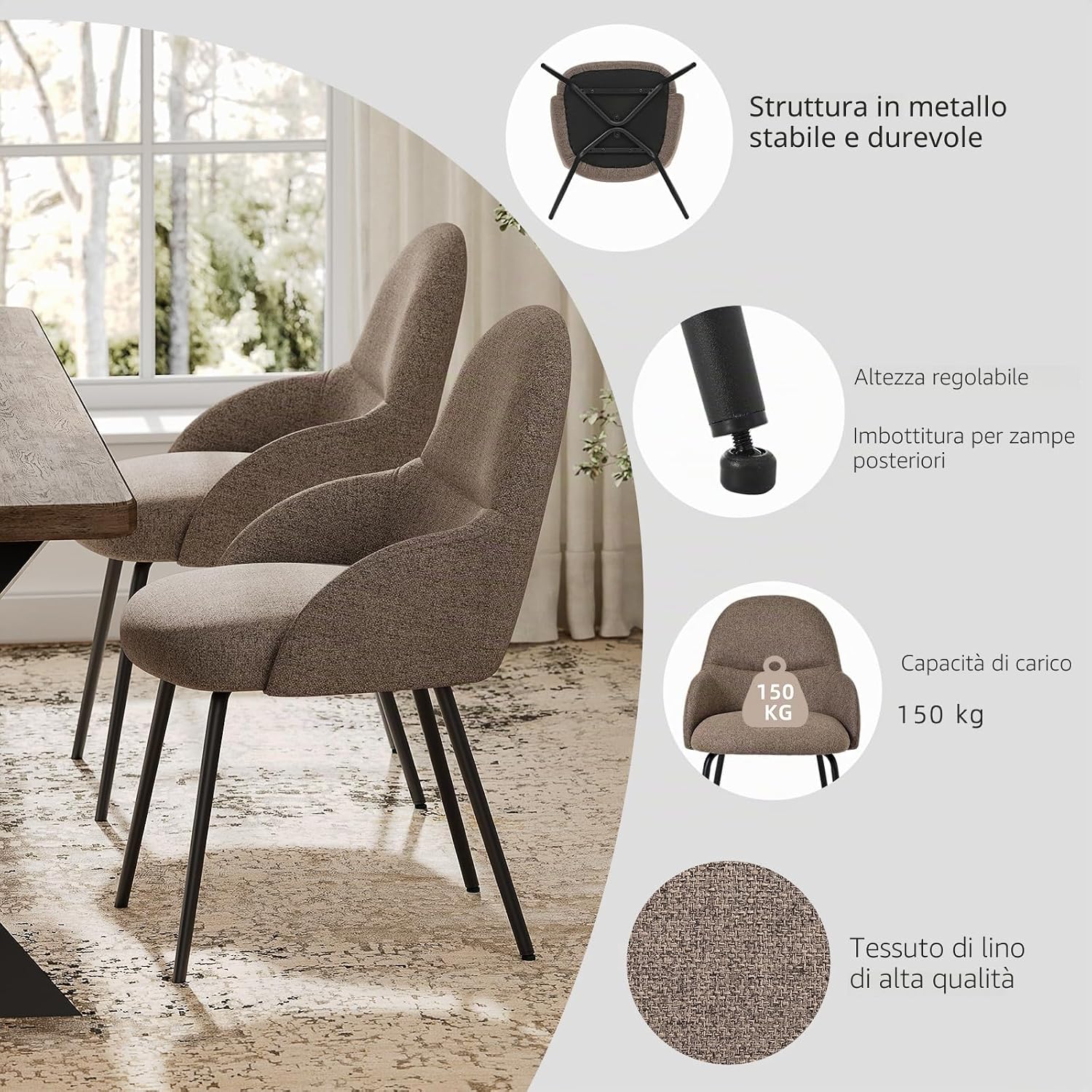 Thumbnail 4 de Goeurvant – Set di 4 sedie moderne per sala da pranzo con braccioli, tessuto lino marrone
