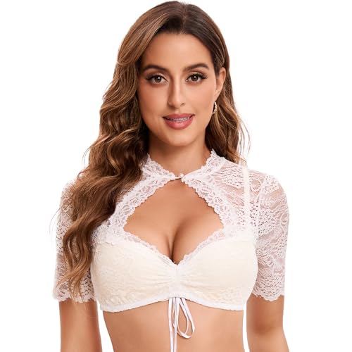 Detalle de Goxozzy Dirndl Bluse Damen – Spitzen-Dirndlbluse mit Perlenknöpfen, Weiß/Schwarz, Größe 34–44