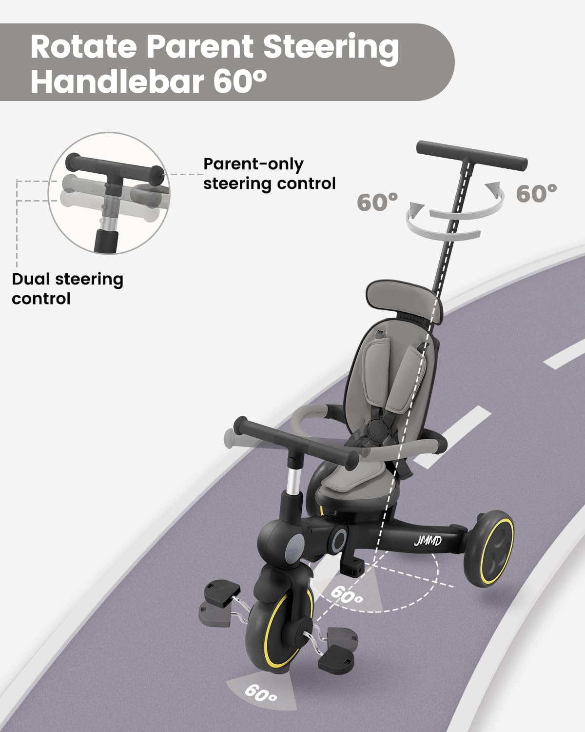 Detalle de JMMD Baby Tricycle 7-in-1 Multifunctional Kids Trike with Adjustable Parent Handle