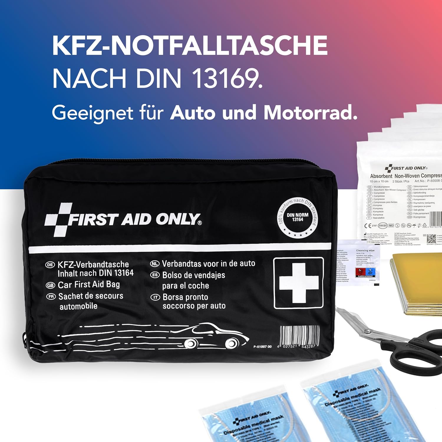 Thumbnail 1 de First Aid Only Kfz-Verbandstasche DIN 13164 (P-51007 00) – Auto- und Motorrad-Erste-Hilfe-Set