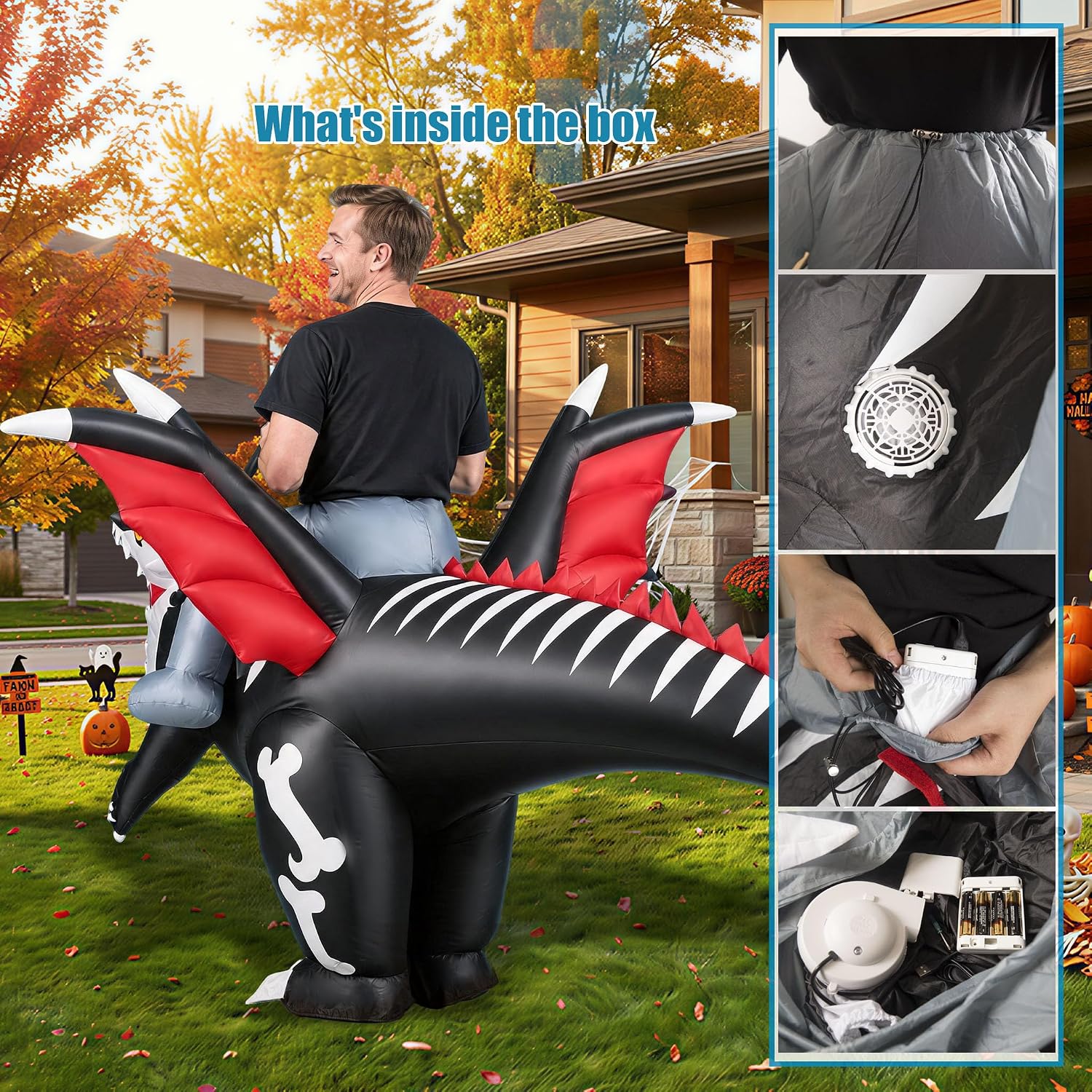 Detalle 2 de NovaFloat 01 Inflatable Riding Dinosaur Costume for Adults with Battery-Powered Fan