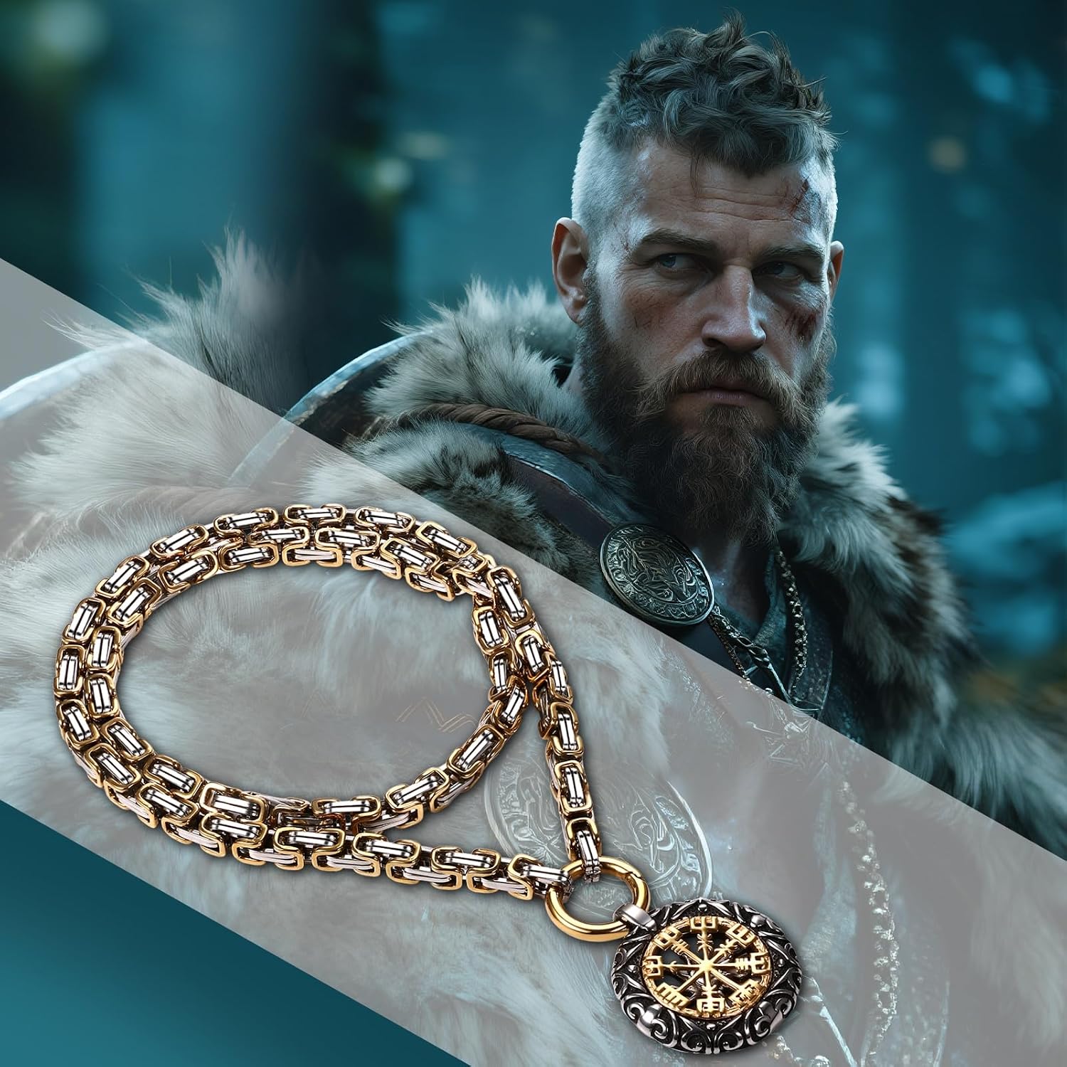 Thumbnail 6 de JewelryWe Wikinger Halskette für Herren – Edelstahl-Königskette mit Vegvisir Anhänger