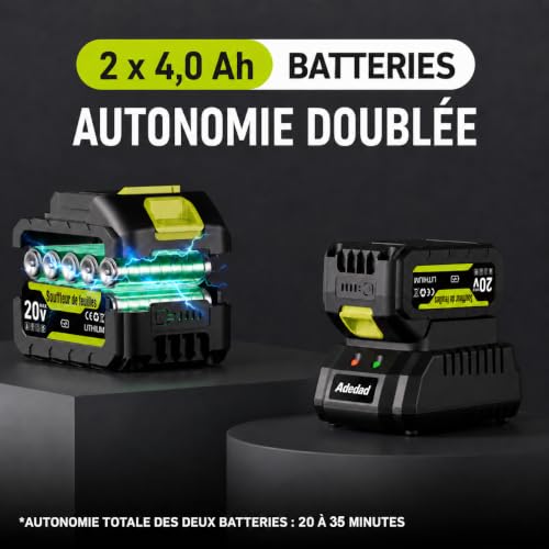 Detalle de Adedad souffleur de feuilles sans fil 20 V, 2 batteries 4 Ah et vitesse variable
