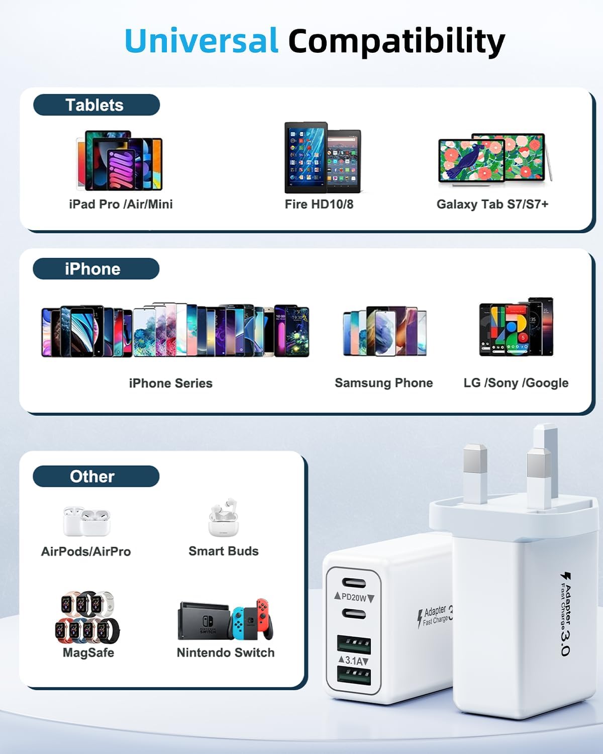 Thumbnail 5 de 40W 4-Port USB C Fast Charger Plug UK