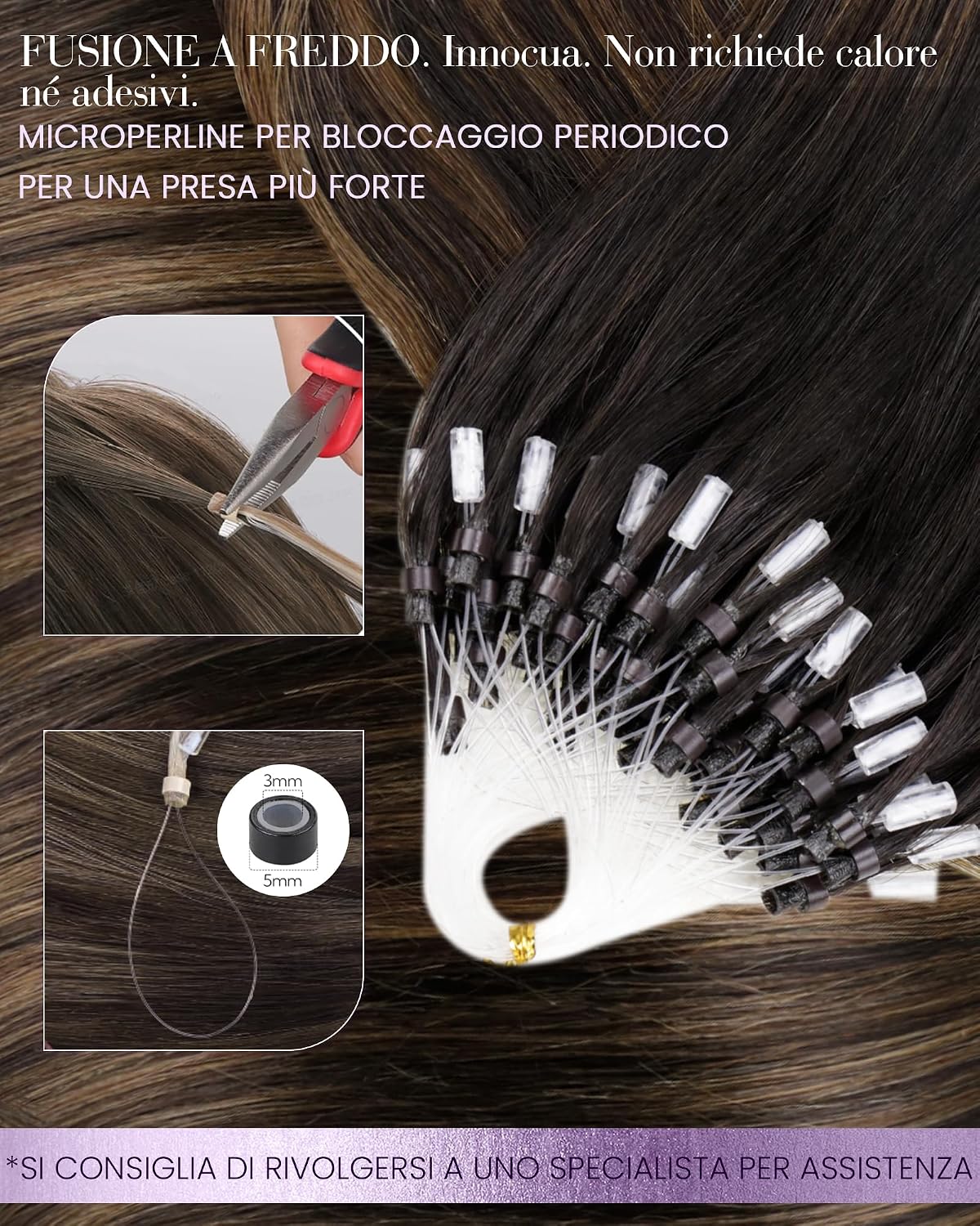 Thumbnail 2 de LaaVoo Extension Microring Capelli Veri 50 cm – 50 g, 50 ciocche Remy, Balayage Castano Scuro a Marrone Chiaro e Biondo, color 2-8-2