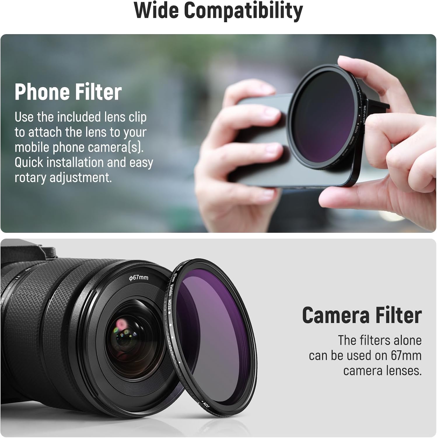 Detalle de NEEWER Kit filtri ND variabile 67mm ND2–ND32 per lenti telefono con Phone Clip e attacco Cold Shoe
