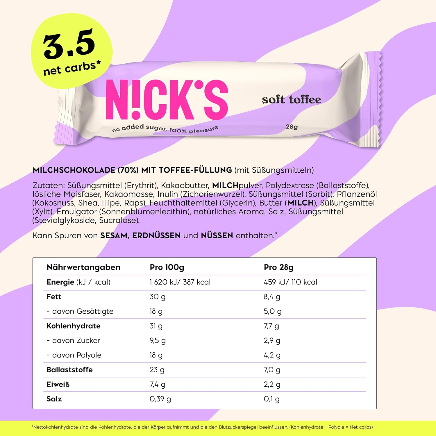 Detalle 2 de NICKS Keto Riegel Soft Toffee 110 kcal 🍫