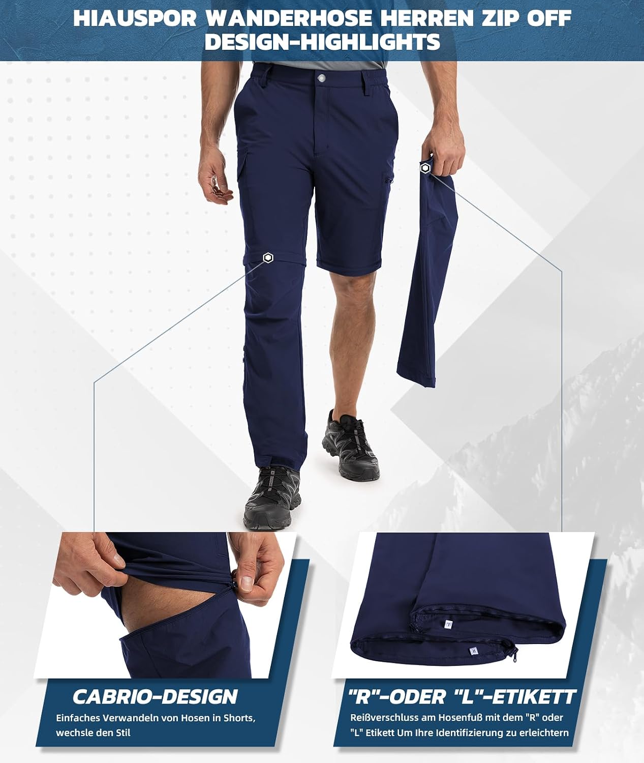 Thumbnail 3 de Hiauspor Wanderhose Herren Zip-Off – atmungsaktive Softshellhose mit 5 Taschen, Nylon-Spandex, leicht & schnell trocknend