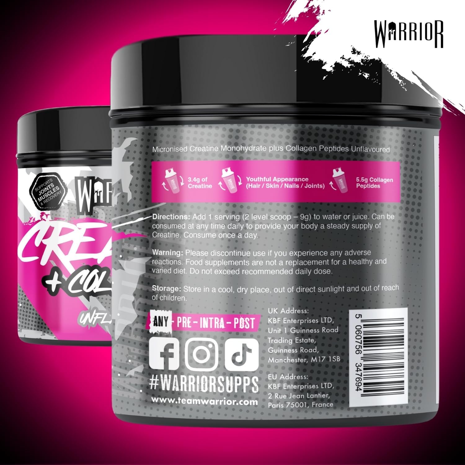Detalle de Warrior Créatine Monohydrate + Collagène en Poudre 270 g – 30 doses, mix neutre ou fruits rouges
