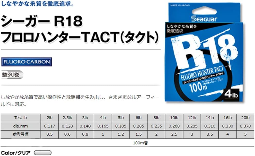 Detalle de シーガー R18 フロロハンター TACT フロロカーボンライン 100m、0.5号・2lb