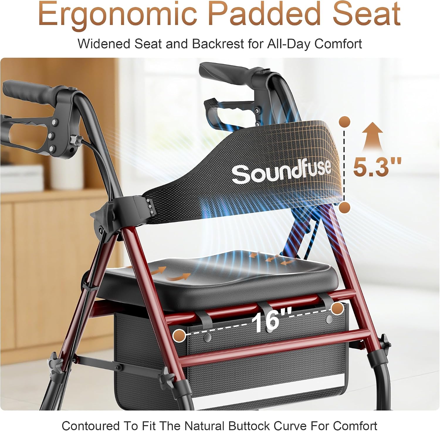 Detalle 2 de SOUNDFUSE UR2 Rollator Walker with Padded Seat and 8-Inch Wheels