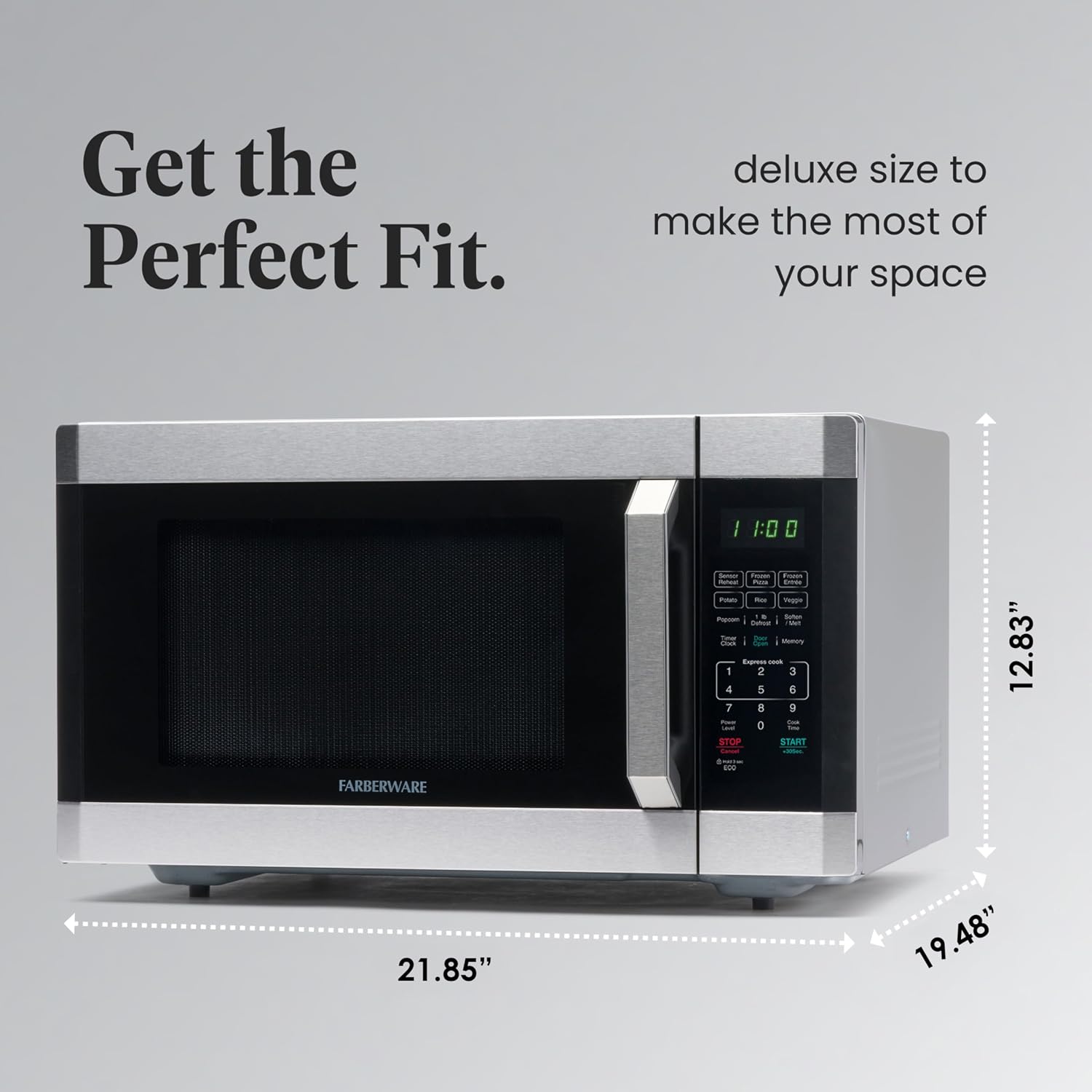 Detalle de Farberware 1.6 Cu. Ft. Countertop Microwave Oven — 1100 Watts, Smart Sensor Auto Cook, Defrost, Easy Clean, Child Safety Lock