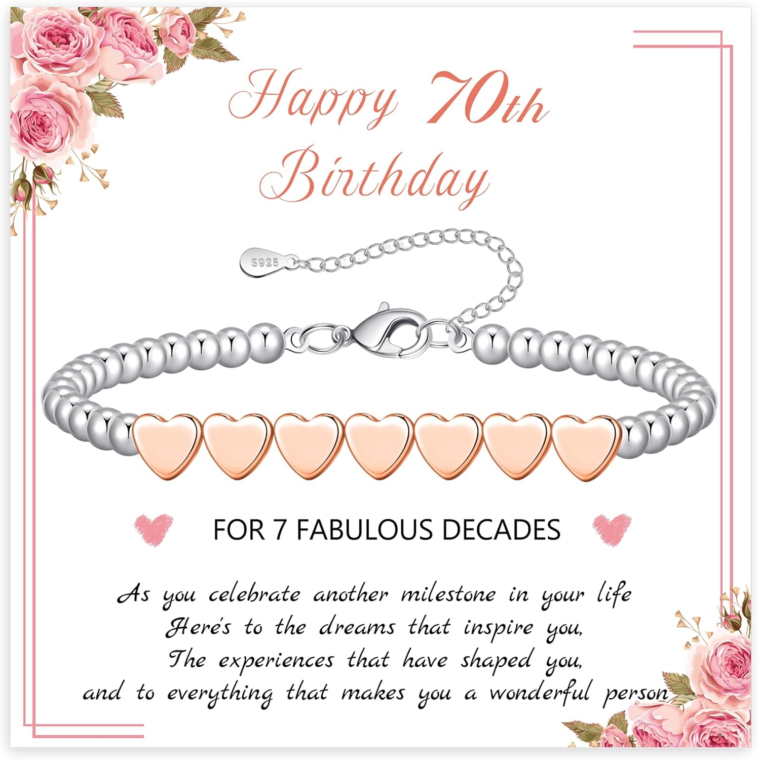 Thumbnail 6 de BMMYE 40th Birthday Silver Bead Bracelet with Rose Gold Hearts – Adjustable Sterling Silver Gift