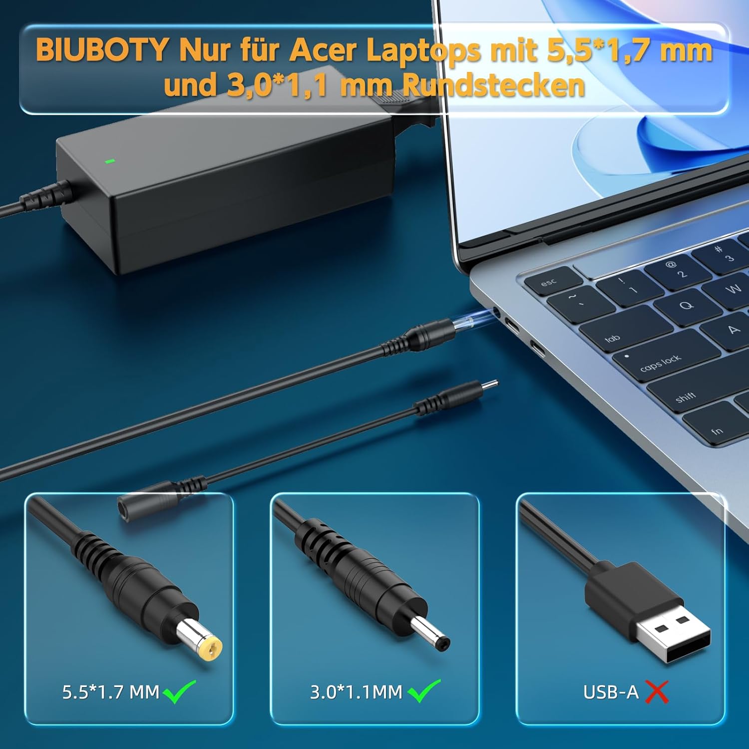 Thumbnail 2 de BIUBOTY 65W Laptop-Netzteil für Acer (19V, 5,5x1,7 mm & 3,0x1,1 mm) – Ladegerät mit 19V/3,42A