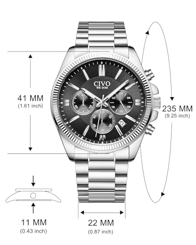 Thumbnail 5 de CIVO Watches Men Stainless Steel Silver Chronograph – Quartz, 41mm Dial, 3ATM Water Resistant